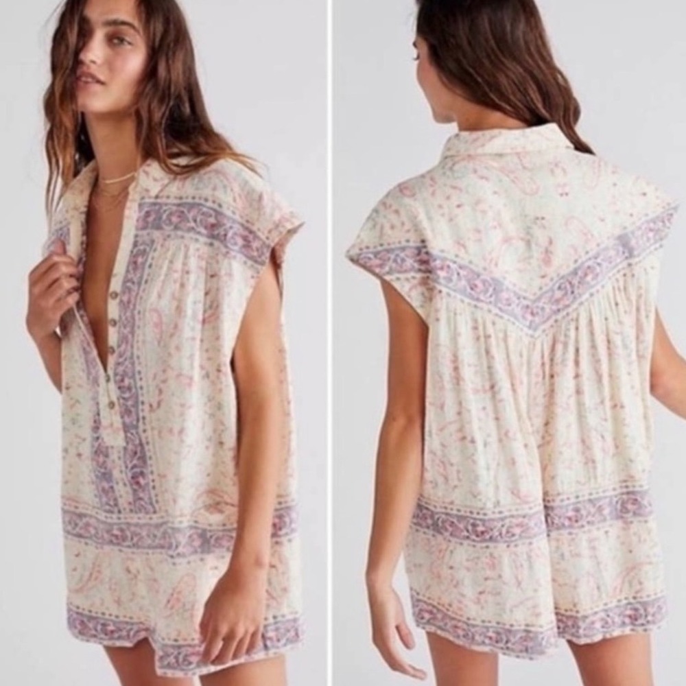 Free People Women XS Pink Blue Paisley Cotton Gauze Sleeveless Romper
